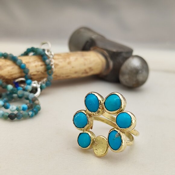 Turquoise ring. 14K solid yellow gold ring with Turquoise. Handmade ring. - Picture 2 of 14